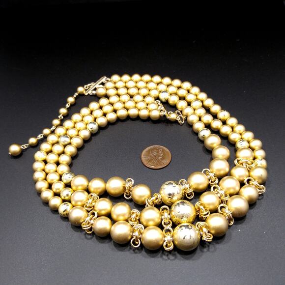 Vintage Japan Art Bead Gold Necklace, 3 Strands, 1950s, 18" - Picture 9 of 10